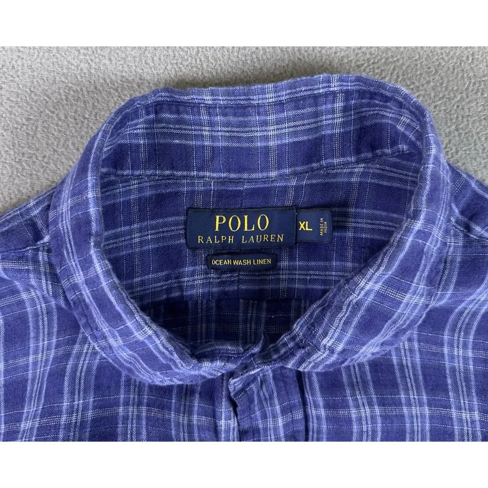 Polo Ralph Lauren Shirt Mens XL Blue Plaid Ocean Wash Linen Prep‎ Beach
